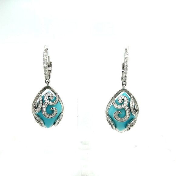 Persian Turquoise Diamond Pendant Earrings 14k WG 26.85 TCW Certified 211947 - Picture 1 of 16